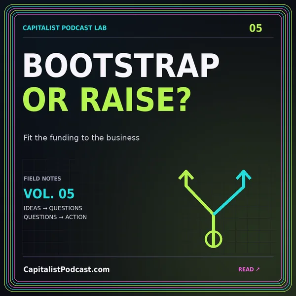 BOOTSTRAP OR RAISE? — Fit the funding to the business, a neon CapitalistPodcast.com typography card with a multicolor pinstripe frame.